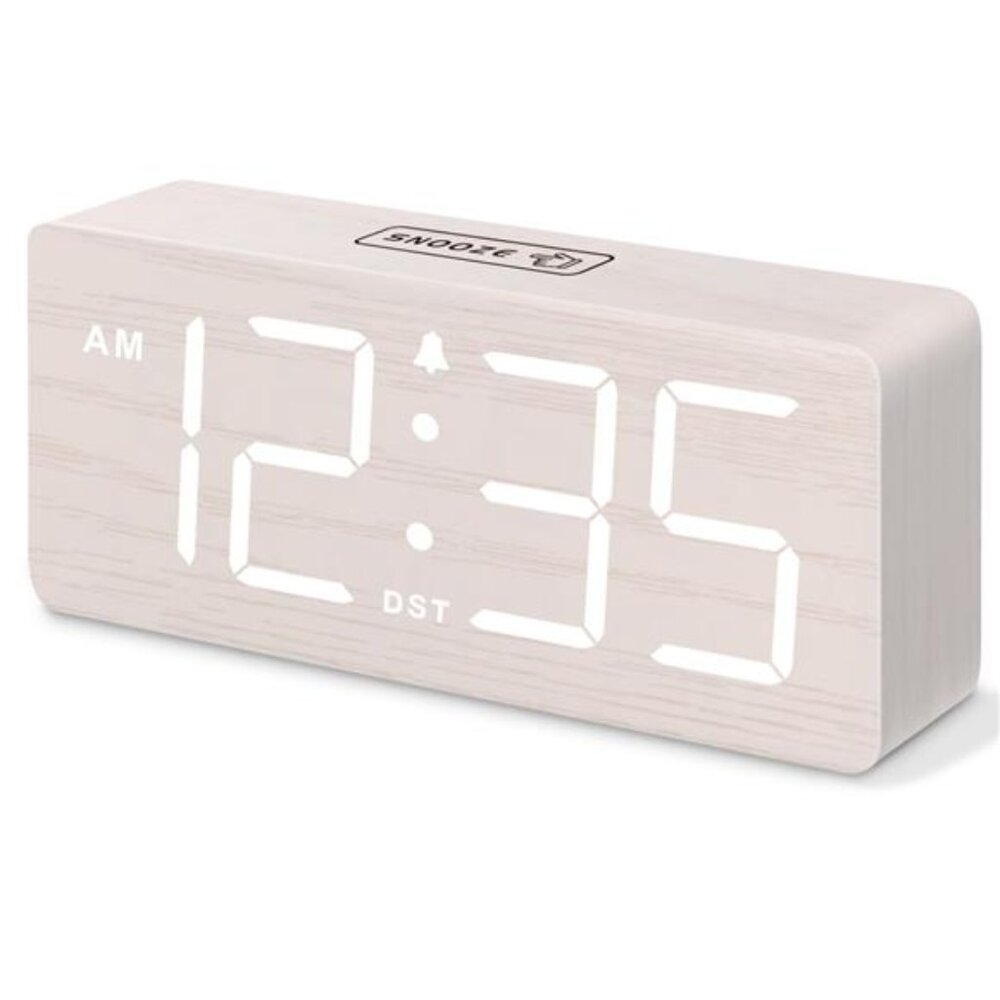 Wooden digital alarm clock large numbers loud alarm dimmer bedside plug in desk